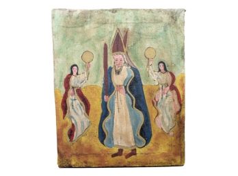 Vintage / Antique Religious Oil On Canvas Painting On Wooden Stretchers
