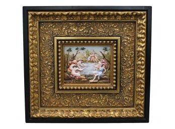 Hand Painted Porcelain Plaque Tile Of Nude Women Bathing With Gold Gilded Frame