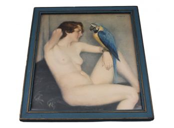 Listed Artist Otto Tragy (German, 1866 - 1928) Nude With Parrot Framed Print