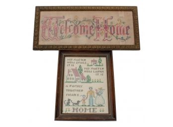 Victorian Antique 'Welcome Home' Needle Point + Vintage Cross-stitch Sampler