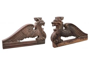 Pair Of Impressive Antique Hand Carved Wooden Architectural Salvage Griffins Dragons Gryphons