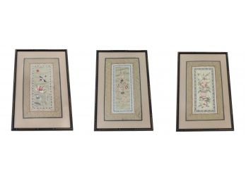 Set Of Three Chinese Hand Embroidered Framed Textile Art