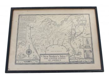 Vintage A New Yorker's Idea Of The United States Of America B/W Framed Map Print