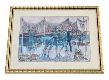 Original Signed Unusual Fishermen With Nets Watercolor Painting? In Gilt Frame