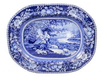Antique 19th Century Blue Transferware Staffordshire 'Sheltered Peasants' By Ralph Hall