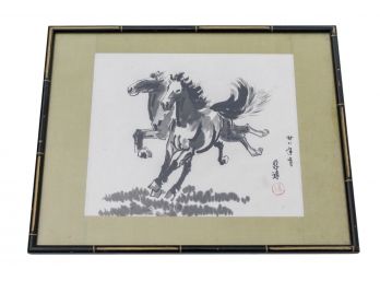 Vintage Original Signed With Symbols Asian Watercolor Horses On Silk Framed