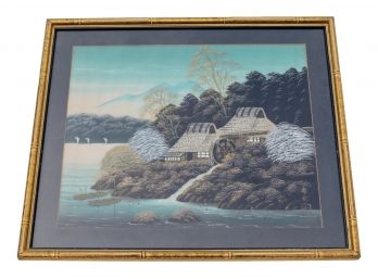 Vintage Signed Asian Gristmill Scene Silk Painting Framed