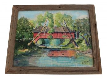 Vintage Signed Jas Belshaw Framed Watercolor Painting Of Covered Bridge