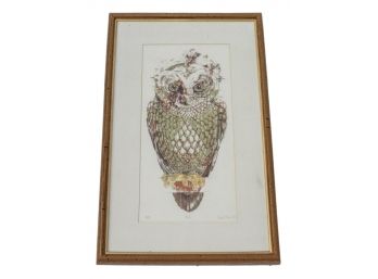 Signed Listed Artist Nancy Nemec Perched Owl Dated 1966 And Numbered 35/45 Framed Print