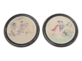 Pair Of Round Vintage Framed Asian Charming Prints