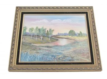 Vintage Signed Mel Harris Florida Oil Painting Titled 'Blue Bells At Rivers Bend' Framed