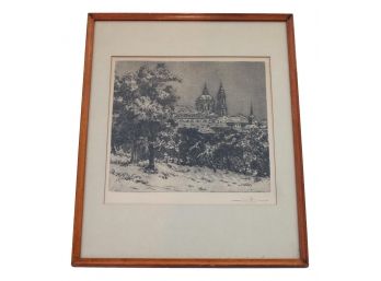 Vintage Framed Etching Of Cathedral Pencil Signed Artist Signature Illegible
