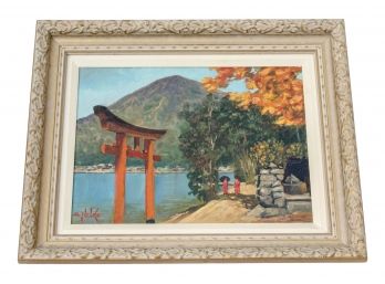 Vintage Signed A. Nelke Women Strolling By Harbor Asian Painting In Older Frame