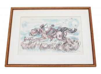 Vintage Well Done Framed Watercolor Painting Of A Galloping Horse Signed (?) Dated