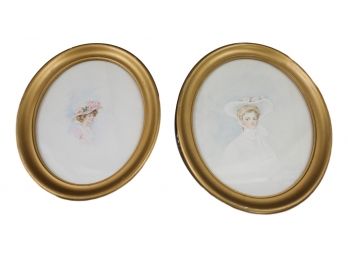 Pair Of Signed Early 1900s Mabel Christie Foulder Watercolor Paintings In Oval Shaped Frames