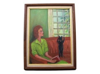 Mid-Century Modern Signed H.M. Covino Woman With Cat Folk Art Oil Painting Framed