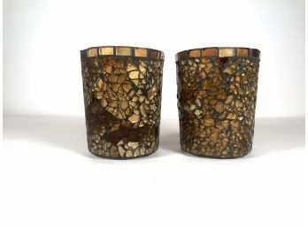 Pair Of Gold Mosaic Glass Candle Holders