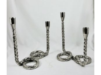 Pair Of Vintage Solid Metal Chrome Rope Candlesticks