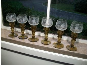 Six Antique Etched German 'Rhine Wine' Glasses - CLASSIC Form - High Quality !