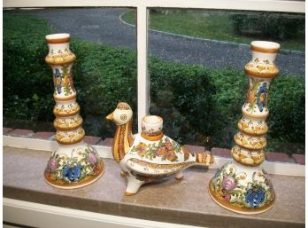 Beautiful Italian Art Pottery Pieces - KN SYDS  Pair Of Candle Holders & Bird Vase - NICE !