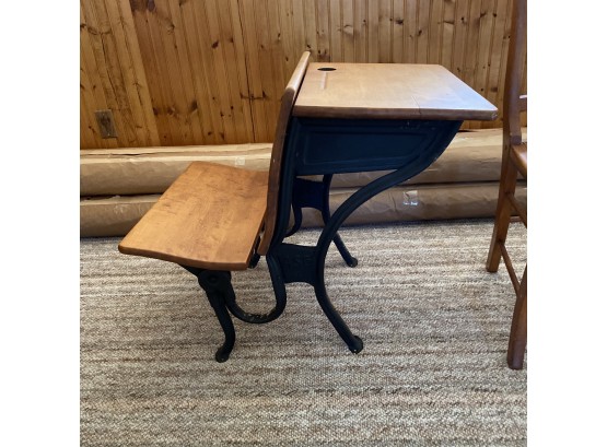 Antique Cast Iron Base Childs School Desk With Attached Bench