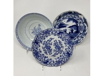 Lot/3 Vintage Blue And White Chinese Porcelain Plates & Bowls
