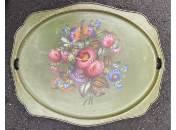 Large Vintage Hand Painted Green Tole Ware Tray Made In Russia