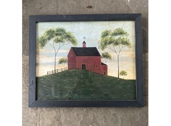 Vintage Framed Warren Kimble Primitive Print Of A Red Barn