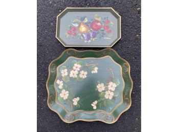 Pair Of Vintage Green Hand Painted Tole Ware Trays