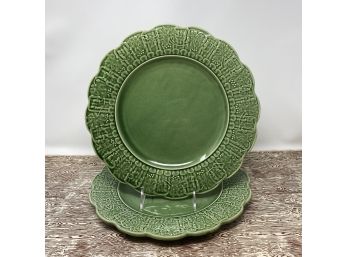 Pair Of Bordalo Pinhiero Green Majolica 11' Cake Plates Platters