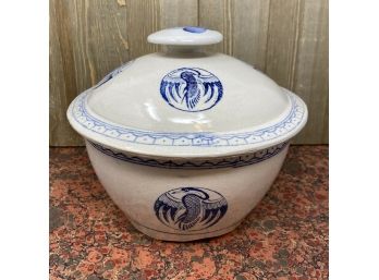 Vintage Japanese Rice Pot W/ Lid White Pottery Blue Cranes 6 Cup 9”