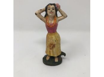 Vintage Cast Iron Polychrome Hawaiian Hula Dancing Girl With Grass Skirt & Lei