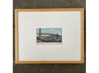 Framed Vintage Litho Printed W/ Glitter Postcard C.1900 Williamsburg Bridge NYC