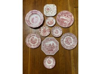 Lot/10 Antique And Vintage Red Transferware Plates