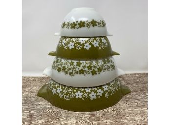 Set/4 Vintage PYREX Olive Green & White SPRING BLOSSOM Cinderella Bowls 1972-79