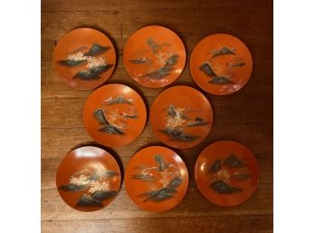 Set Of 8 Mid Century Japanese Red Lacquer Salad Dessert Plates