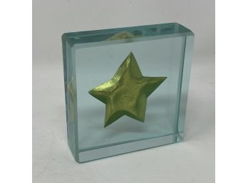 Signed Art Glass Paperweight With Gold Leaf Star