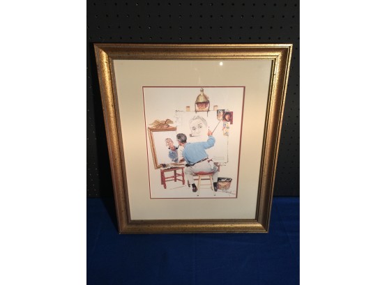 Self Portrait By Norman Rockwell Plates Signed Double Matted And Beautiful Gold Guilt Frame Very Nice Print