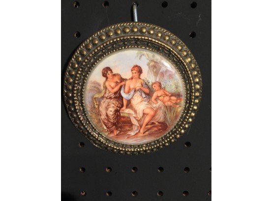 Miniature Picture On Porcelain With Metal Frame Of Two Women In Bathing And A Cherub By A Stream