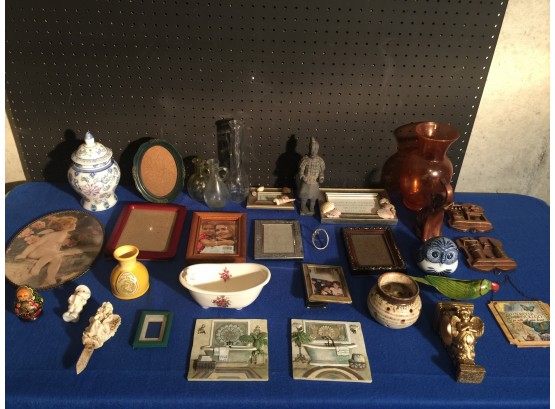 Large Lot Of Miscellaneous Picture Frames Vases And Collectibles Some Celluloid Some Ceramic Some Metal