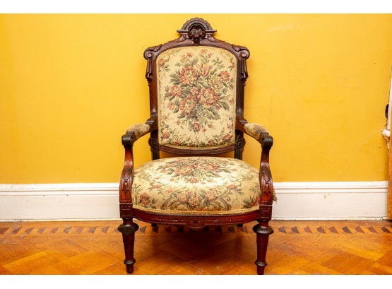 Antique Victorian Carved Wood Upholstered Armchair