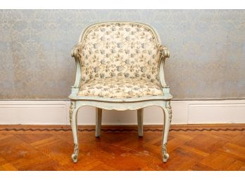 Carved Wood Distressed Finish Gilt Floral Upholstery Boudoir Arm Chair