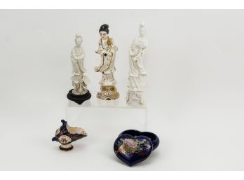 Asian Figurines + Cobalt Blue Japanese Trinket Box And More