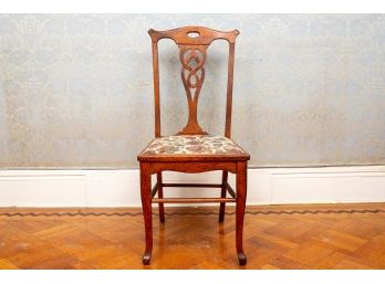 Carved Wood Oak Side Chair With Upholstered Seat Cushion