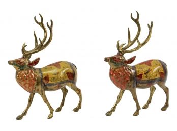 Pair Of Brass Enameled Colorful Reindeer Figurines