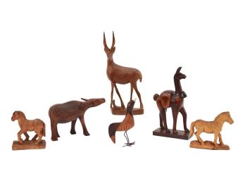 Set Of Six Handcarved Wooden Animal Figurines