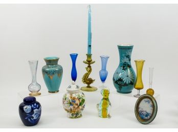 Collection Of Signed Hand Blown Vases, Candlestick Holders And More