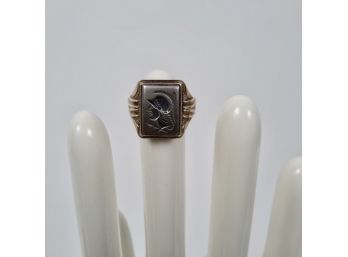 10K Gold And Sterling Silver Carved Stone Ring - 8.8g (Size 8.5)