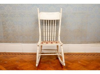 Antique Painted Oak Rocking Chair With Carved Details And Upholstered Seat