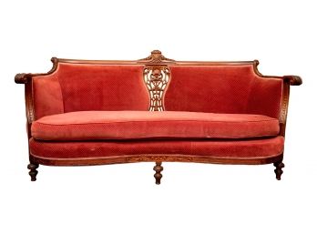 Antique (ca. 1910) Velveteen Upholstered Carved Walnut Sofa